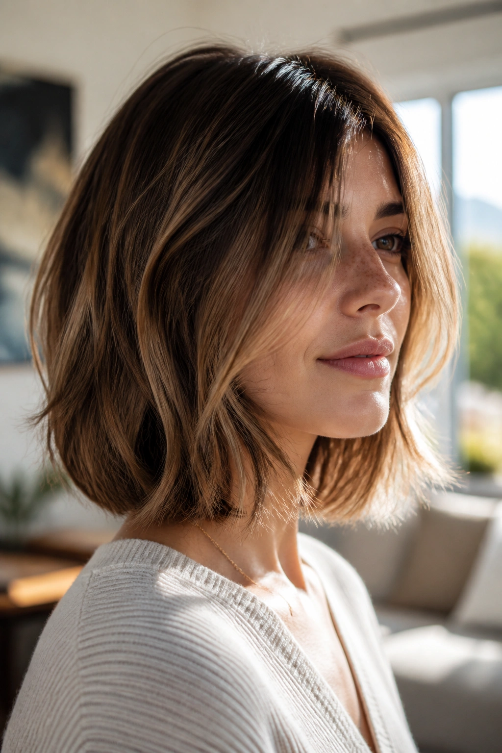 Close-up portrait of a real woman with a shoulder-length invisible-layer bob showing airy movement.