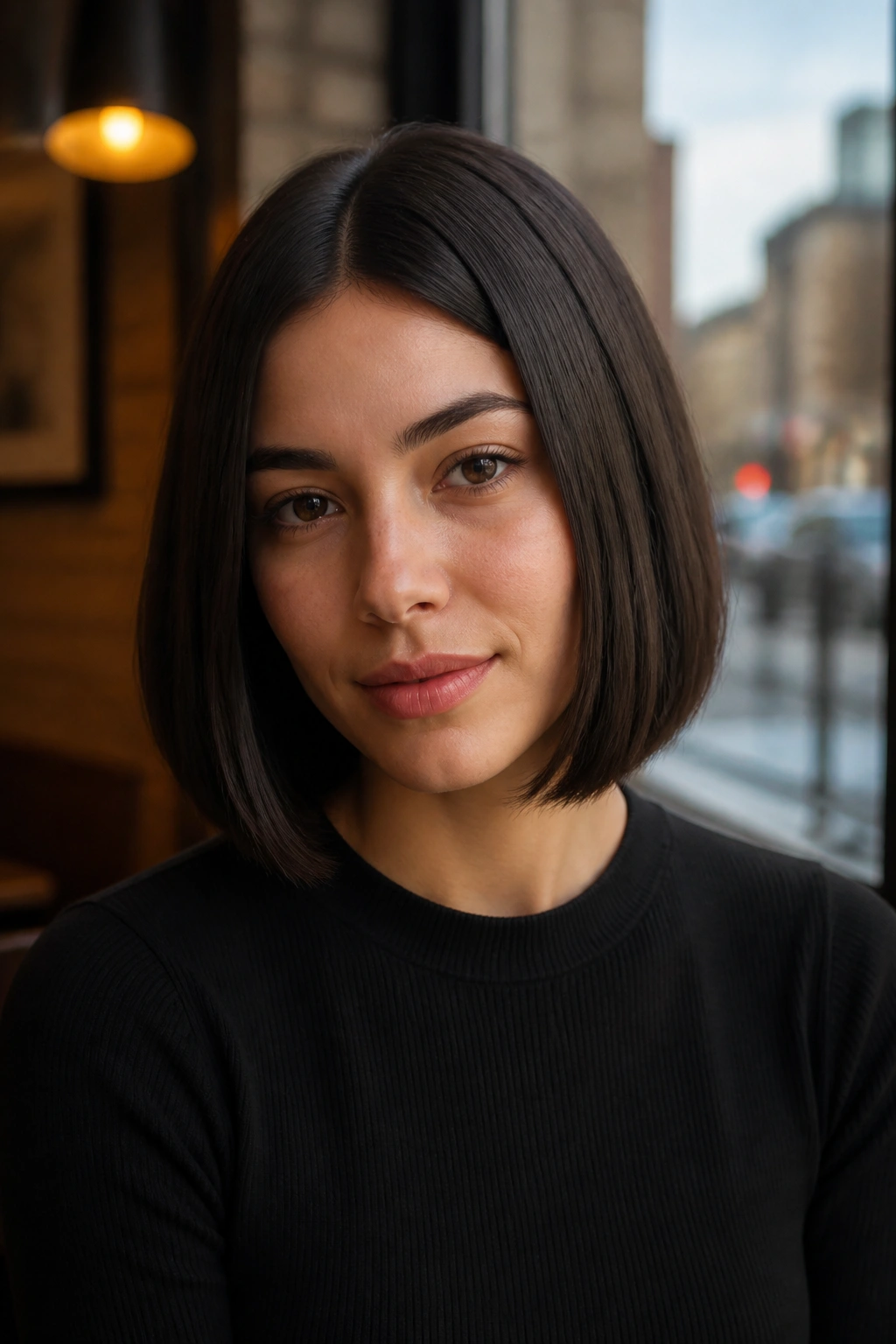 Close-up of a real woman with an invisible-layer straight bob