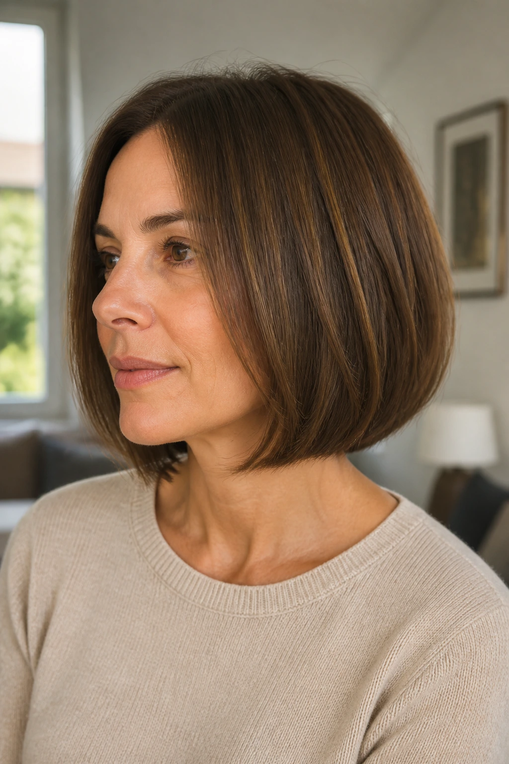 Close-up of a real woman with an invisible-layer bob for thin hair