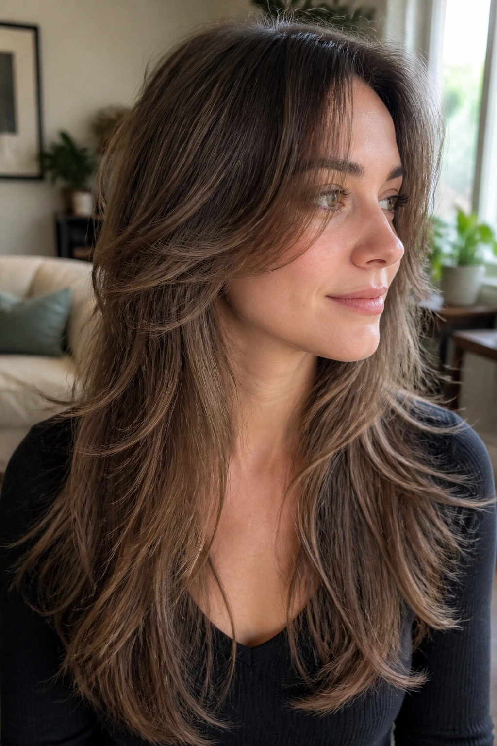 Close-up of a real person with invisible-layer butterfly wolf cut for fine hair