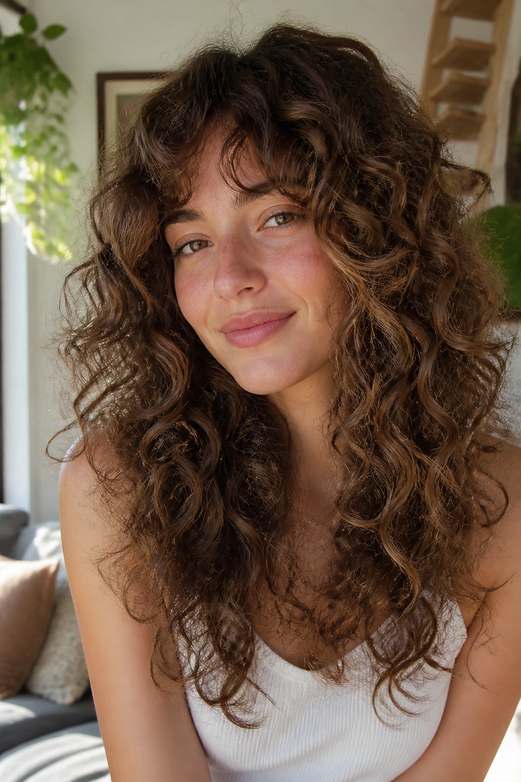 Medium close-up of a real woman with invisible-layer curly shag showing internal layers