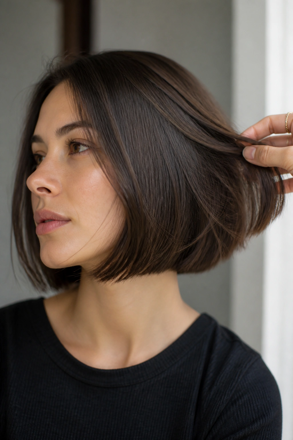 Real woman with invisible-layer French bob in soft indoor light