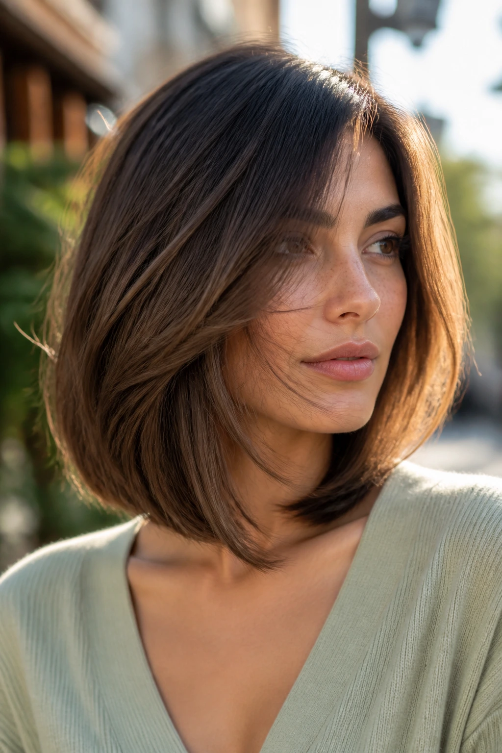 Close-up portrait of a real woman with an invisible-layer long bob showing airy movement.
