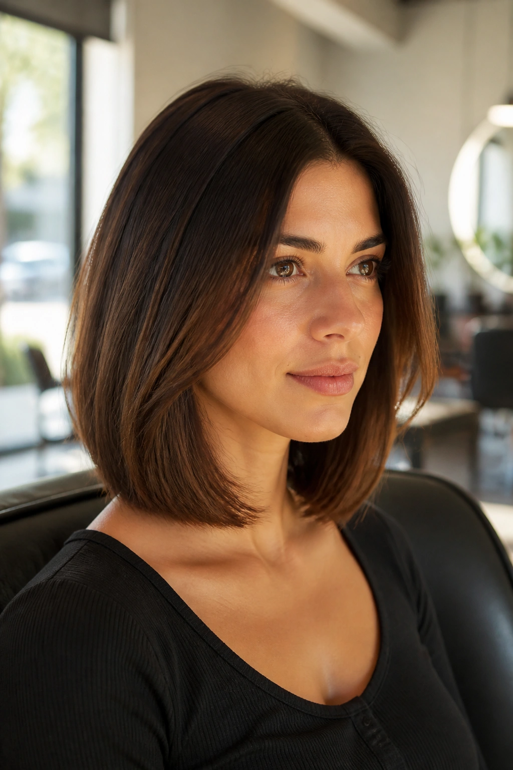 Close-up portrait of a real woman with an invisible-layer lob, showing hidden interior weight removal and a smooth outer edge