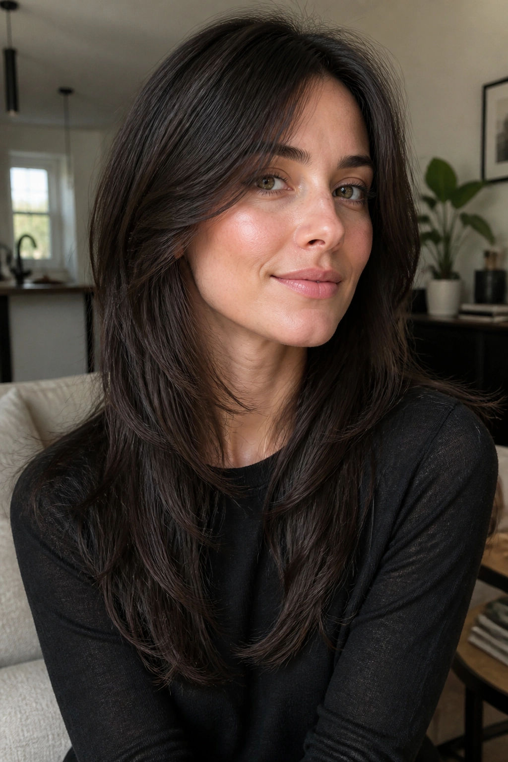 Close-up of a real woman with Invisible Layer Long Shag hairstyle