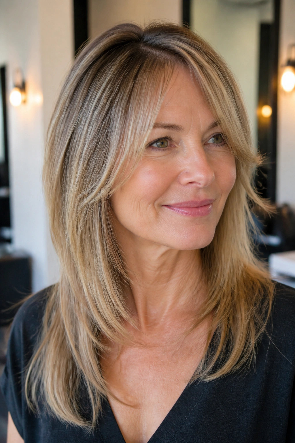 Close-up of a real woman with invisible-layer shag on straight hair in bright minimalist salon light
