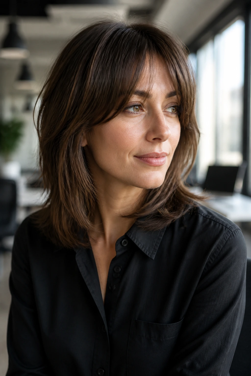 Close-up of a real woman with invisible-layer shag in daylight office