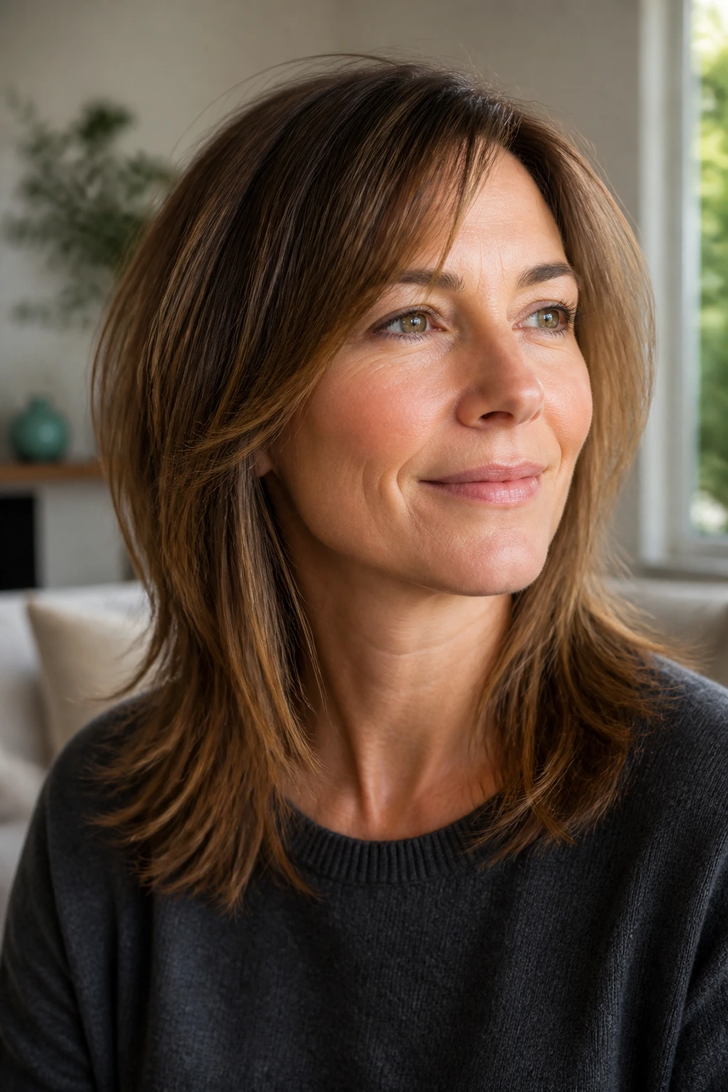 Close-up of a real woman with invisible-layer shag for fine hair showing crown lift under soft daylight.