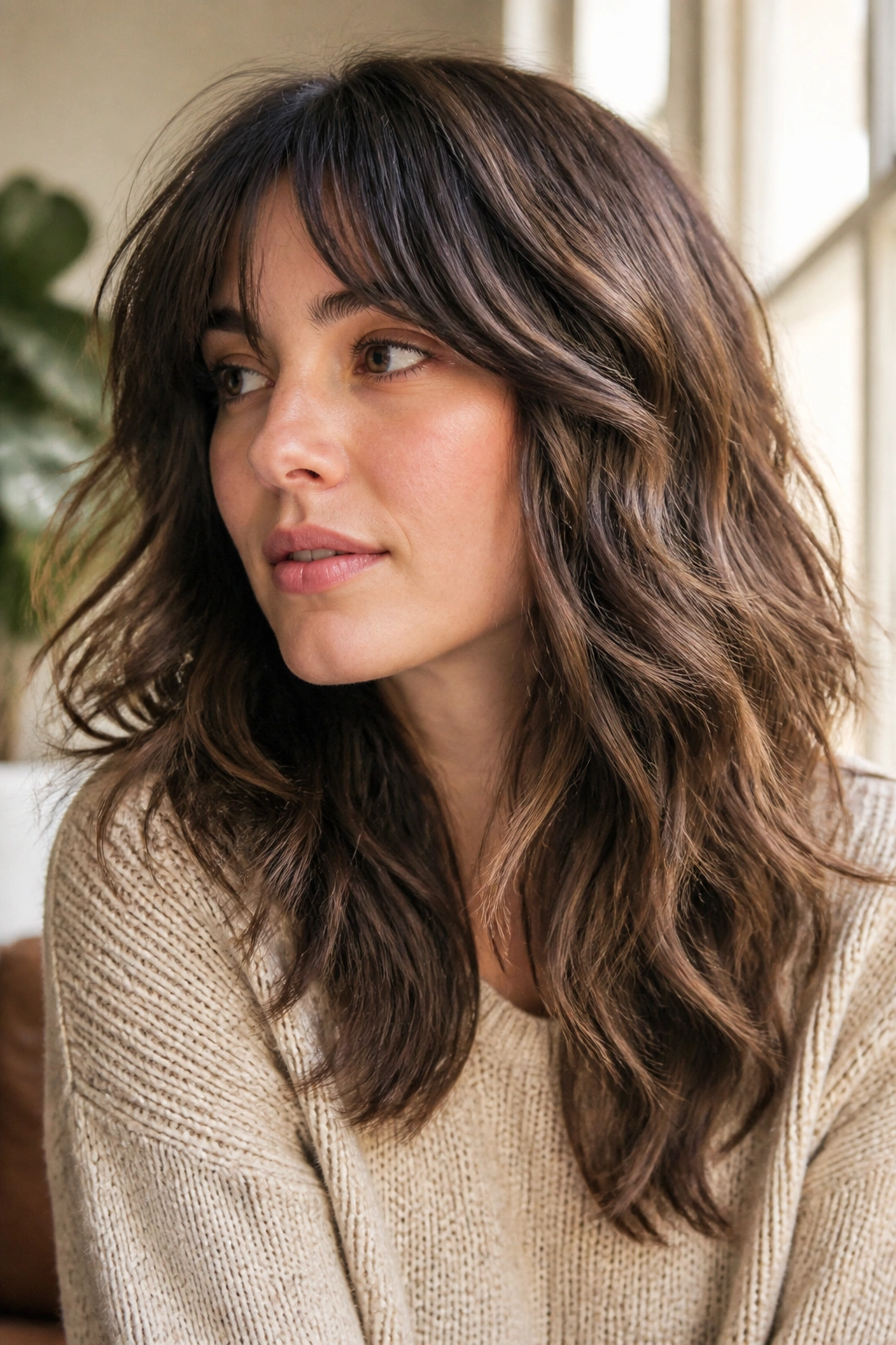 Close-up portrait of a real woman with invisible layer shag and fuller ends in warm window light