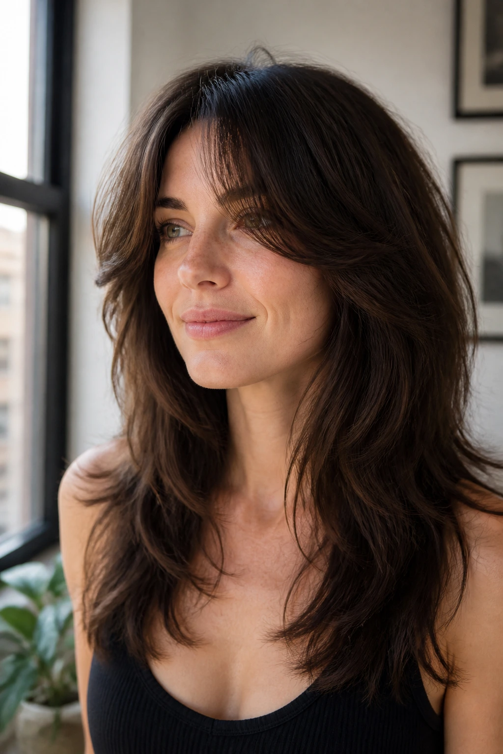 Close-up of a real woman with invisible-layer shag showing blended layers and movement
