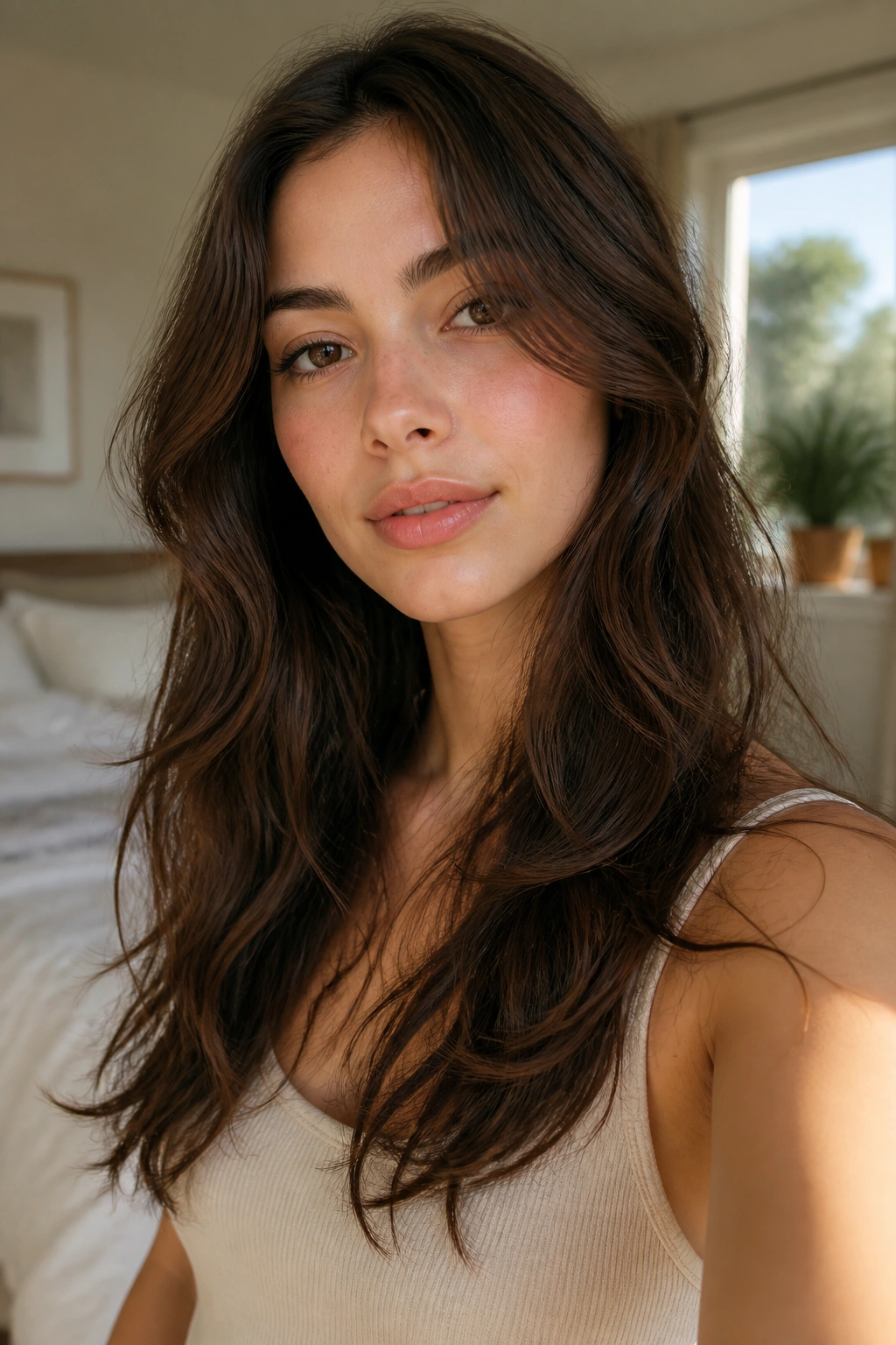 Portrait of real person with invisible-layer shag for low-maintenance waves in a bright bedroom