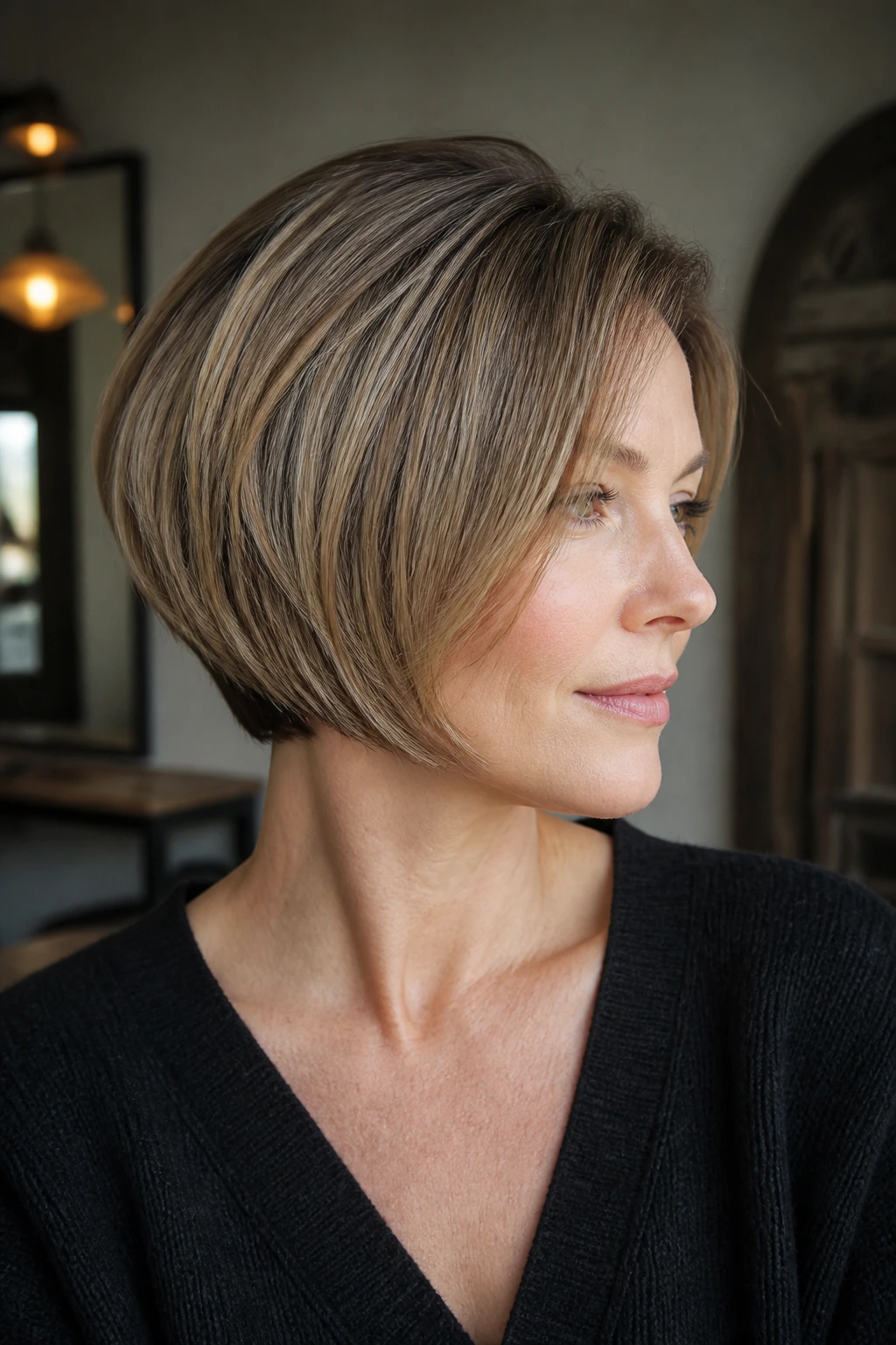 Close-up of a real woman with an invisible-layer stacked bob.