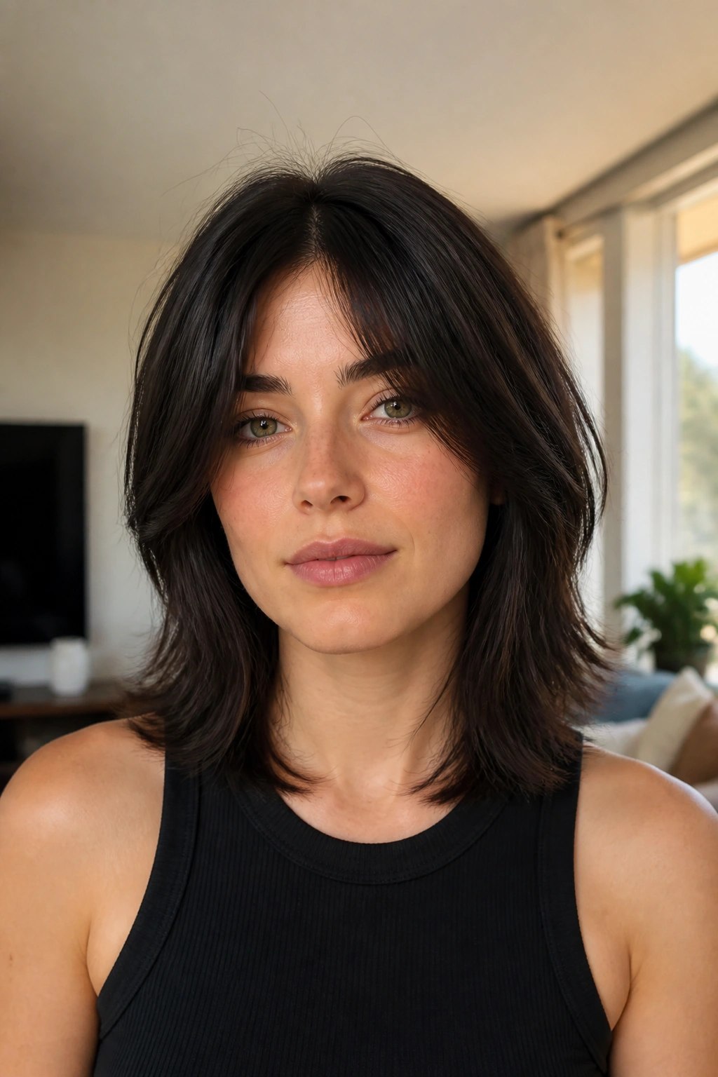Close-up portrait of a real woman showing an Invisible-Layer Wolf Cut with hidden layers under the crown