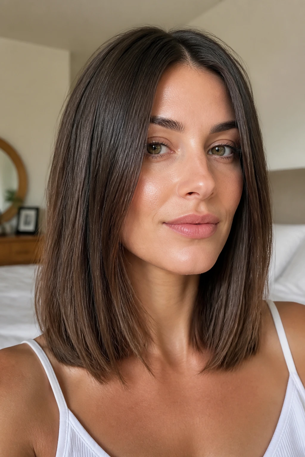 Close-up portrait of a real woman with invisible layers and blunt outer edge