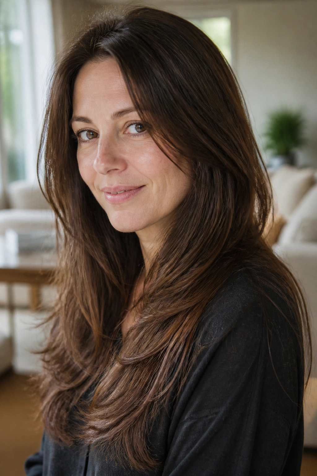 Close-up of a real woman with chestnut brunette hair showing invisible layers.