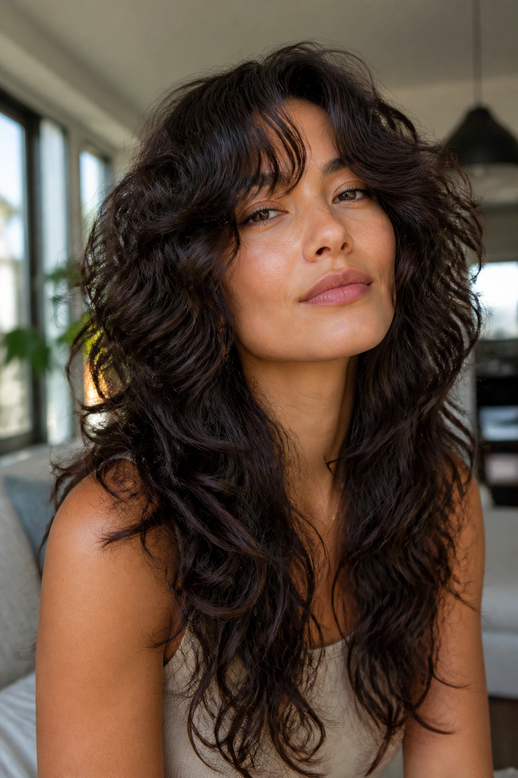 Real woman with invisible-layer curly shag showing lift and length.