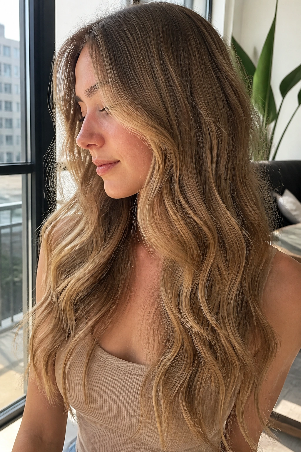 Profile close-up of a real woman with fine hair and invisible layers
