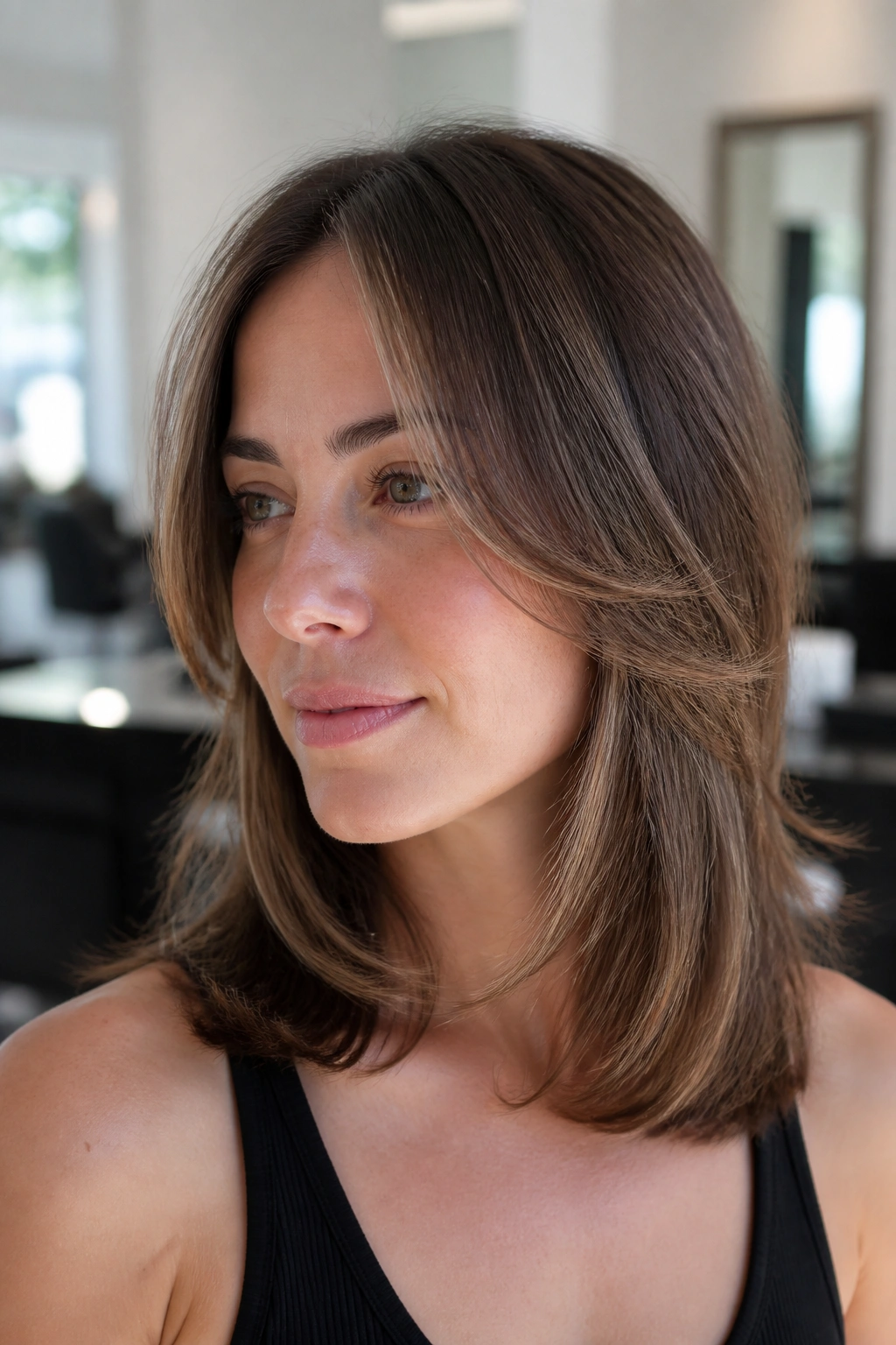 Real woman with invisible layers in fine hair