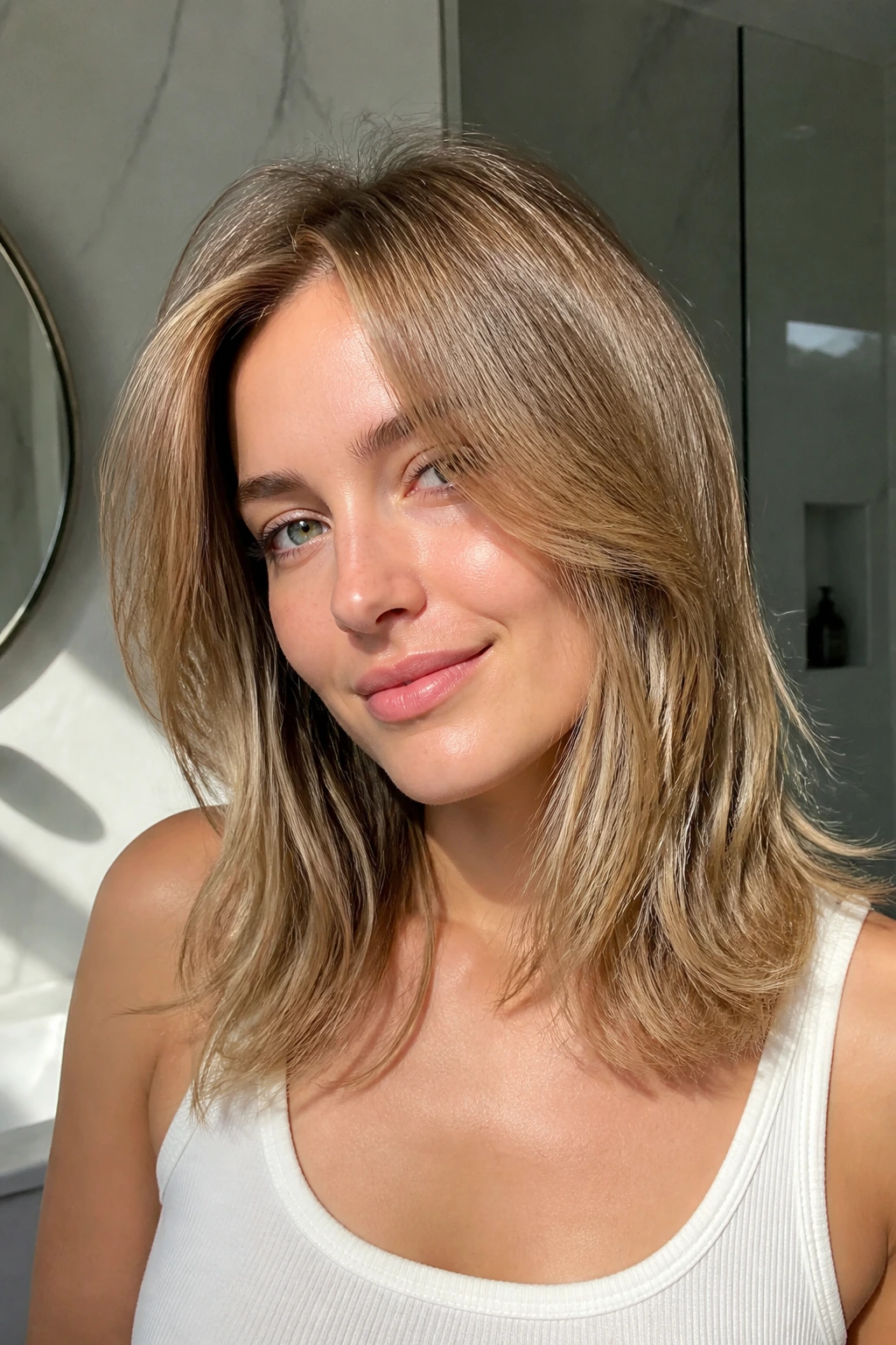 Close-up of a real woman with fine hair showing lift from invisible layers.