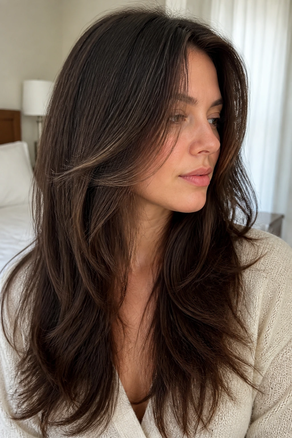 Close-up of a woman with invisible front layers in fine hair