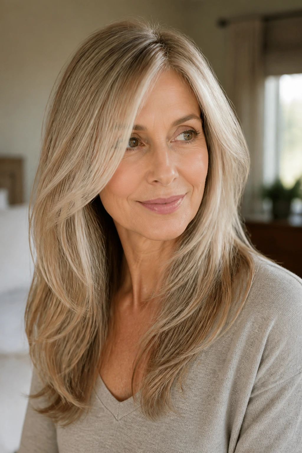 Real woman with invisible layers adding volume to fine hair.