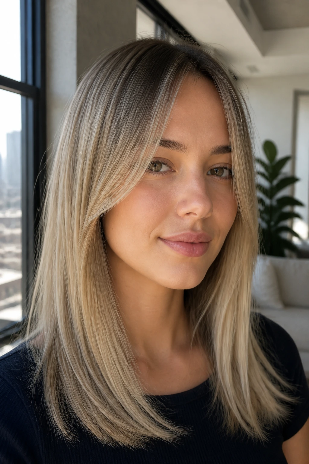 Close-up of a real person with invisible front layers for fine hair