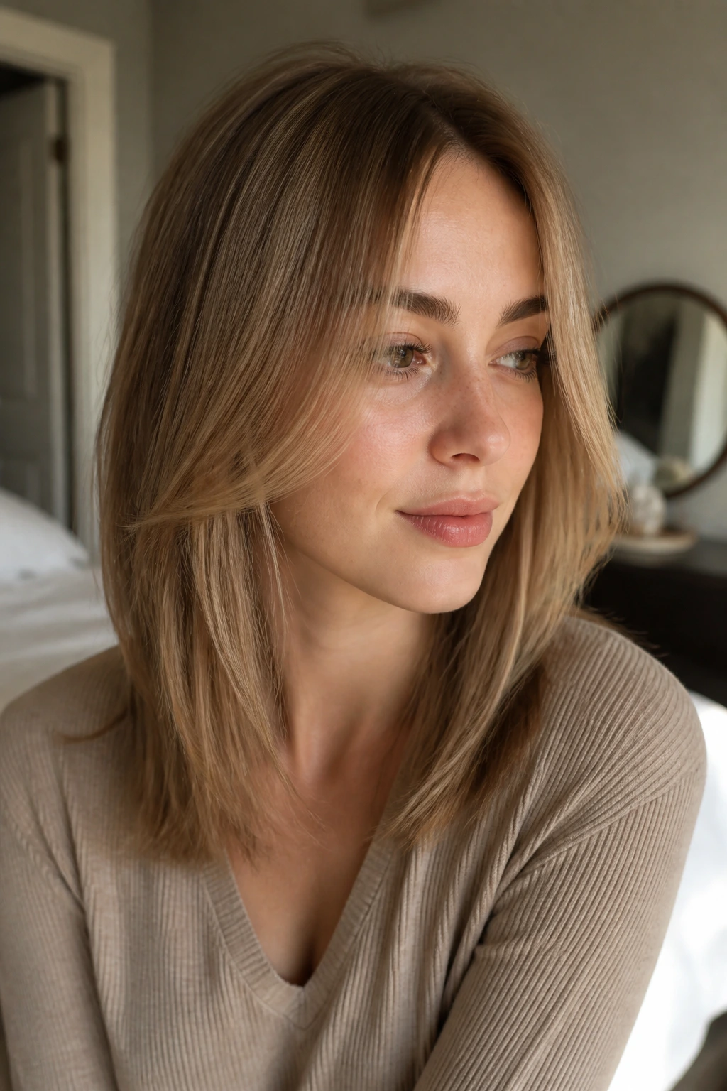 Close-up of a real woman with fine hair showing invisible face-framing layers