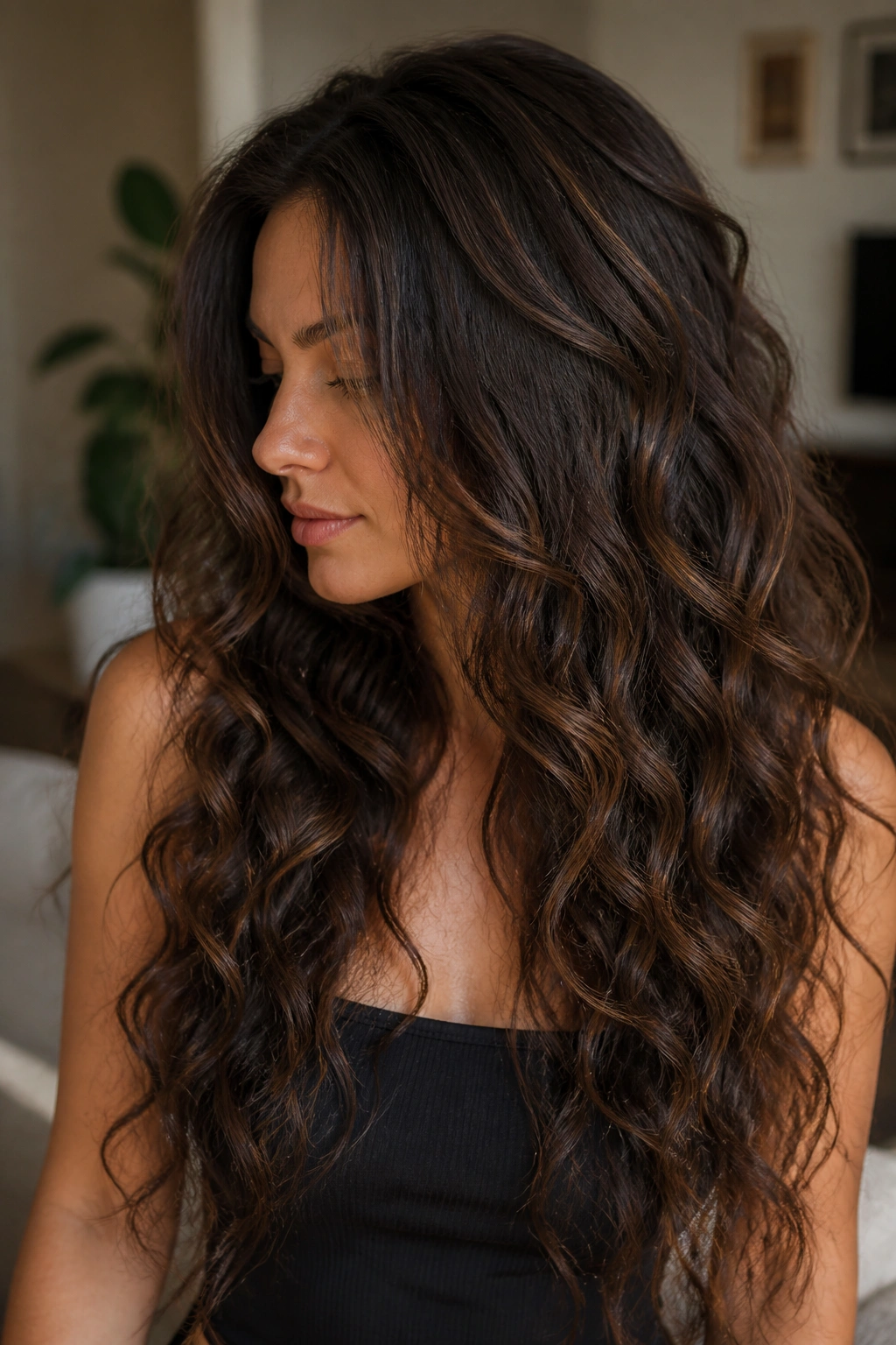 Close-up showing hidden internal layers creating controlled shape in long hair on a real person.