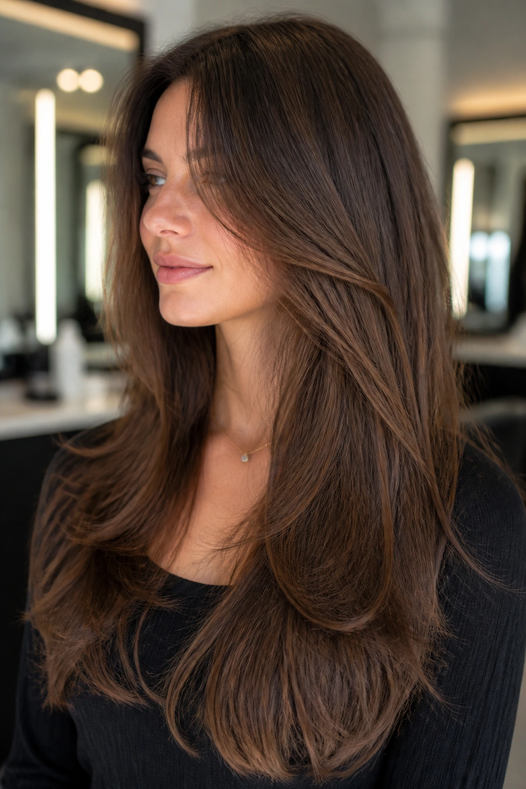 Close-up of real person with invisible layers, hair showing soft lift and seamless finish in salon lighting