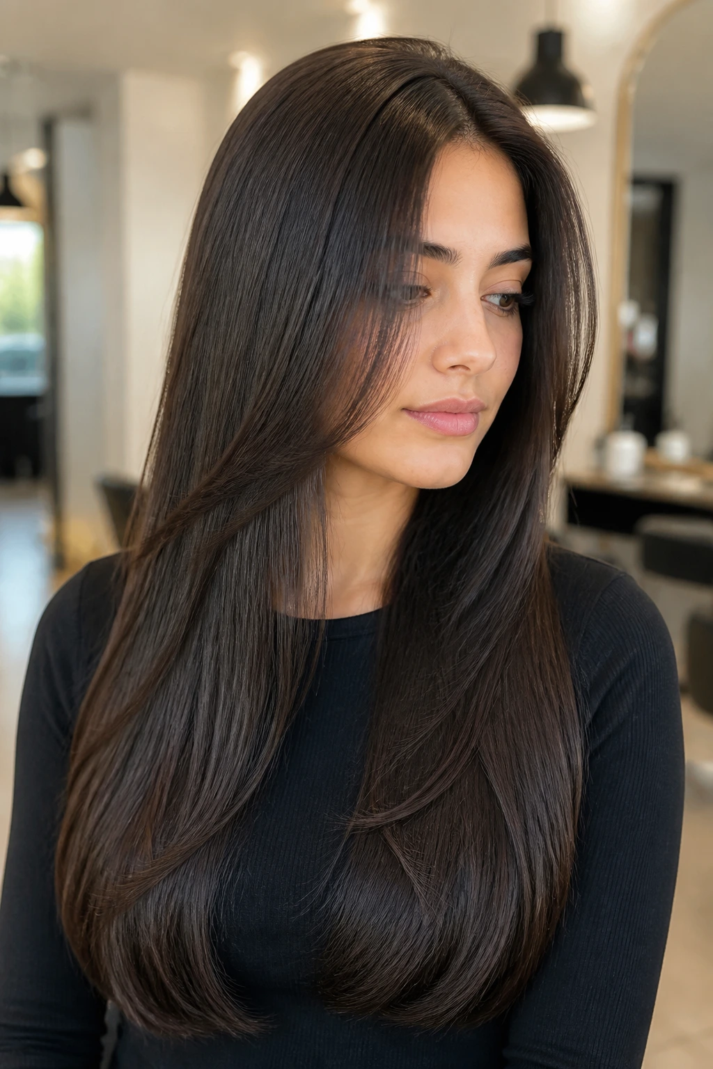 Real person with invisible layers in thick straight hair
