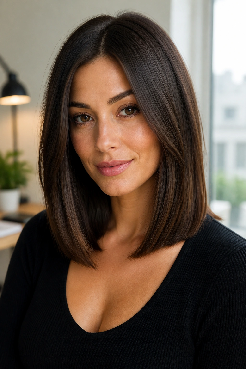 Real woman with invisible-layer lob and blunt perimeter at mid-lob length