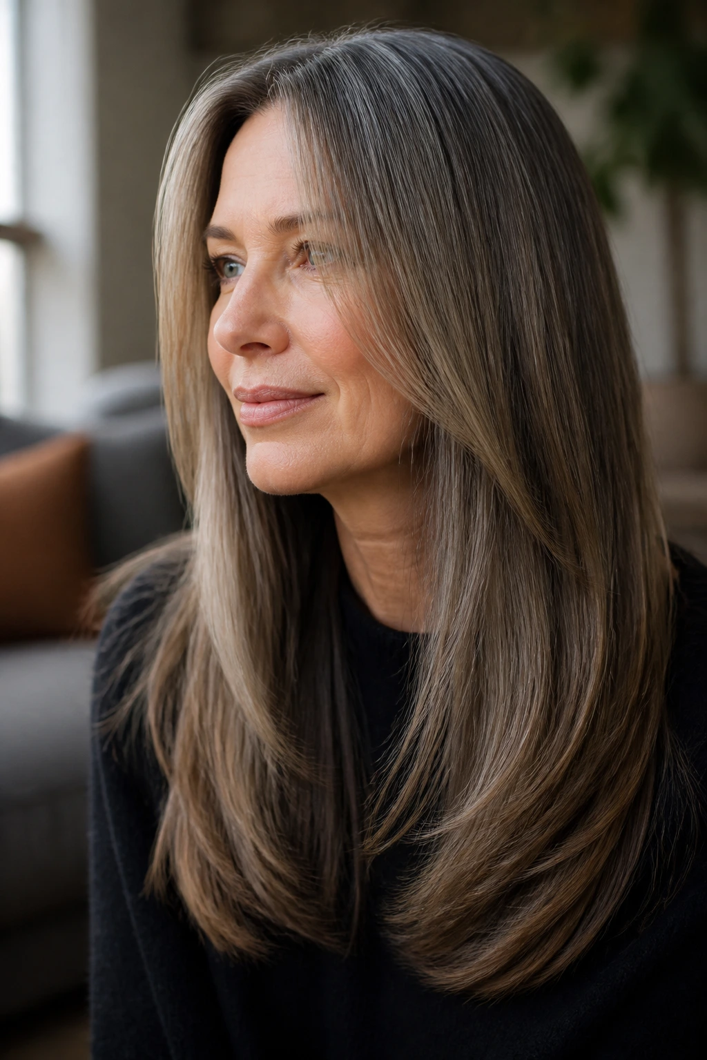 Close-up portrait of a real woman with long hair showing subtle invisible layers