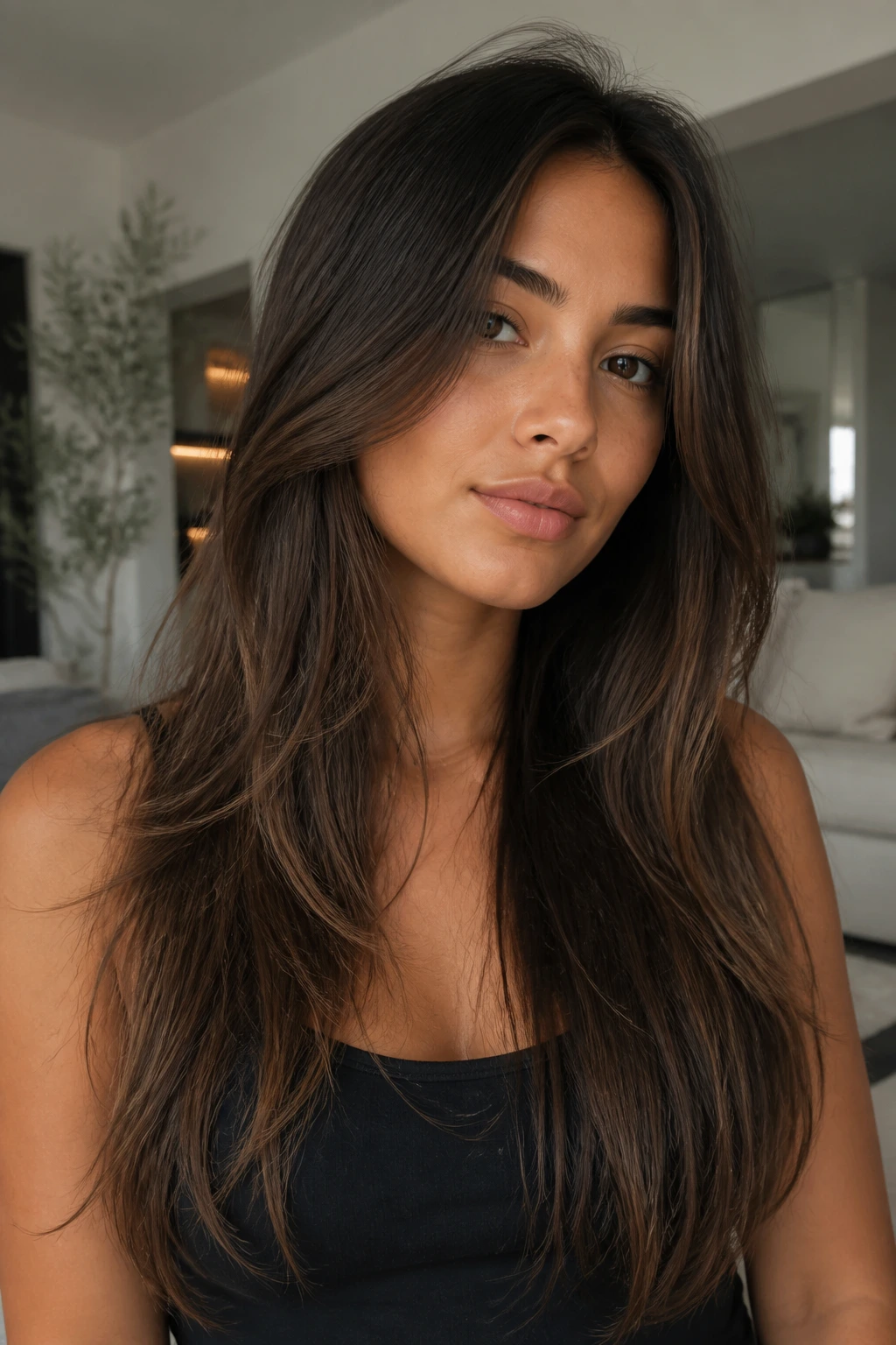 Portrait of a woman with invisible interior layers creating movement in long hair.