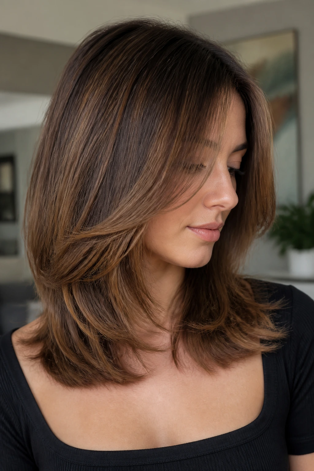 Portrait of a real woman with internal layers creating movement while the outer edge stays full.