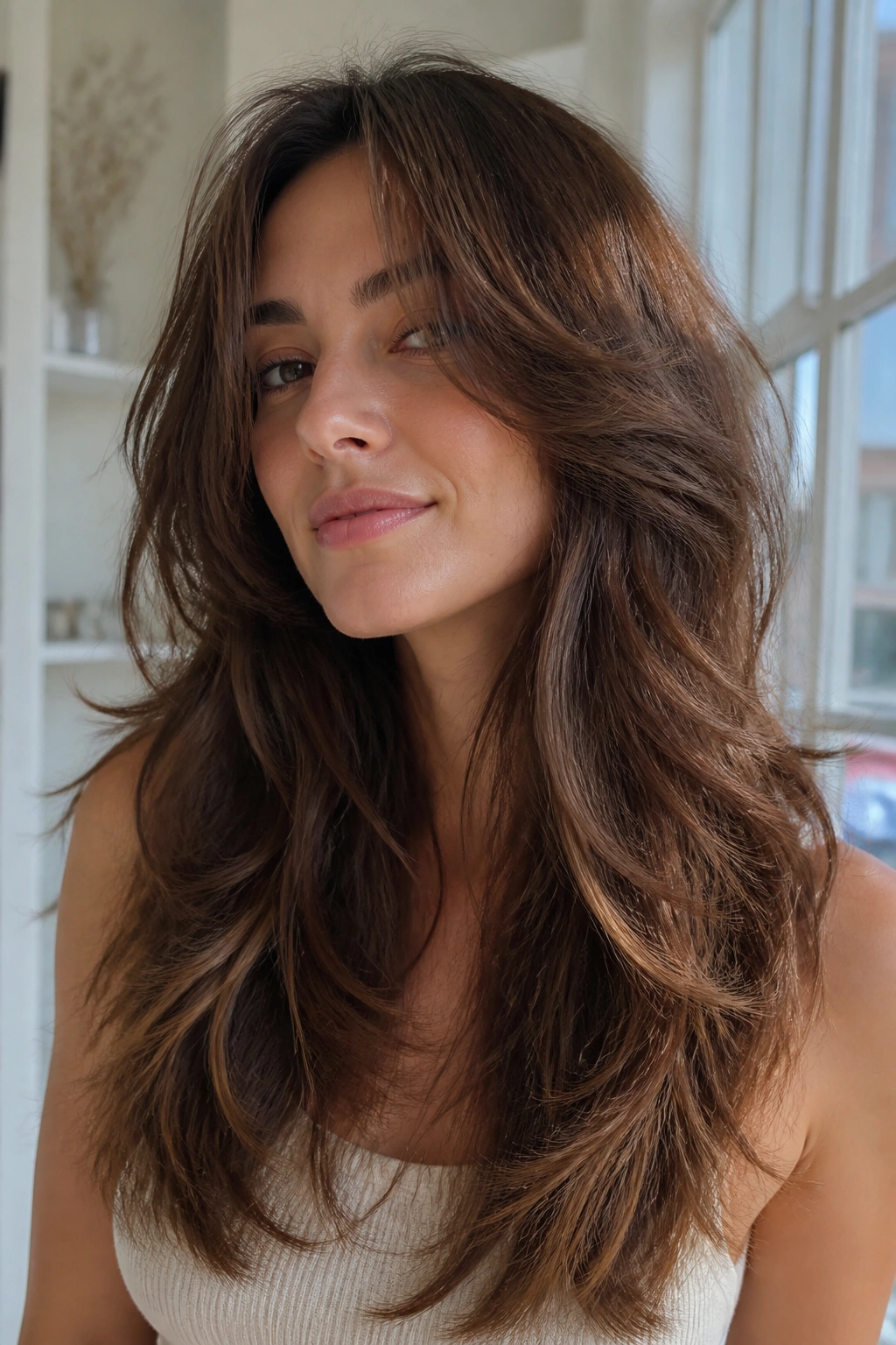Portrait of a real woman with subtle invisible layers in a long shag hairstyle