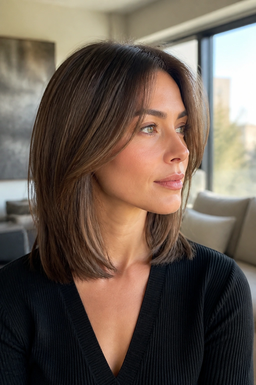 Shoulder-length hair with invisible layers on real person in a soft home setting