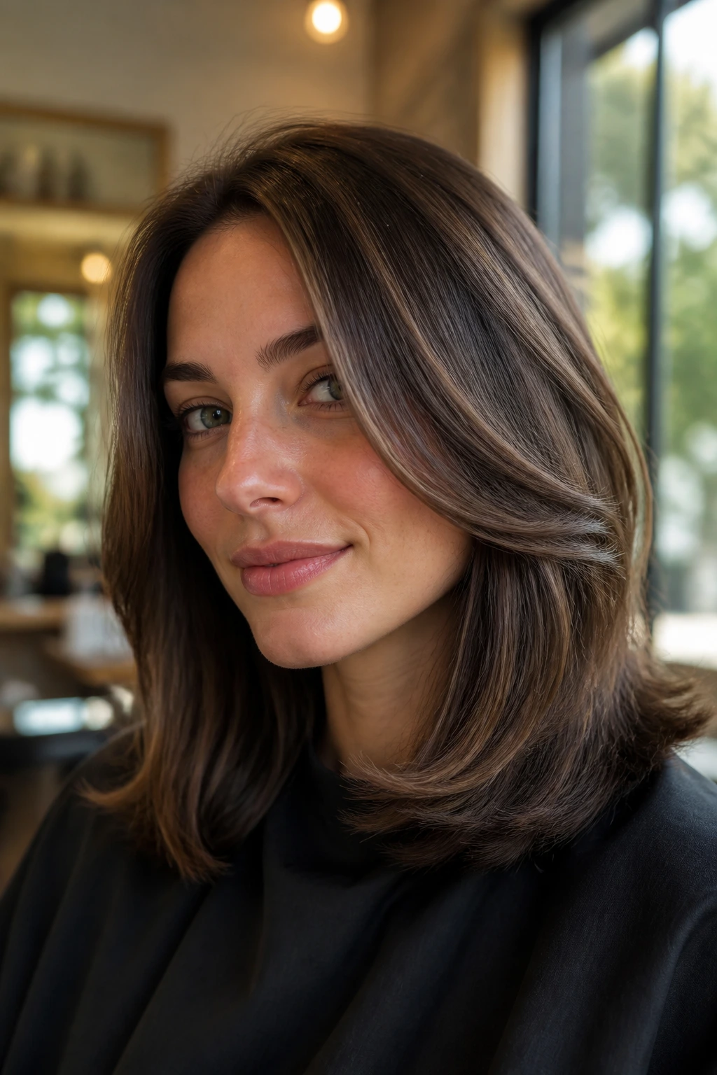 Close-up of a real woman with invisible layered shoulder-length hair, sleek finish