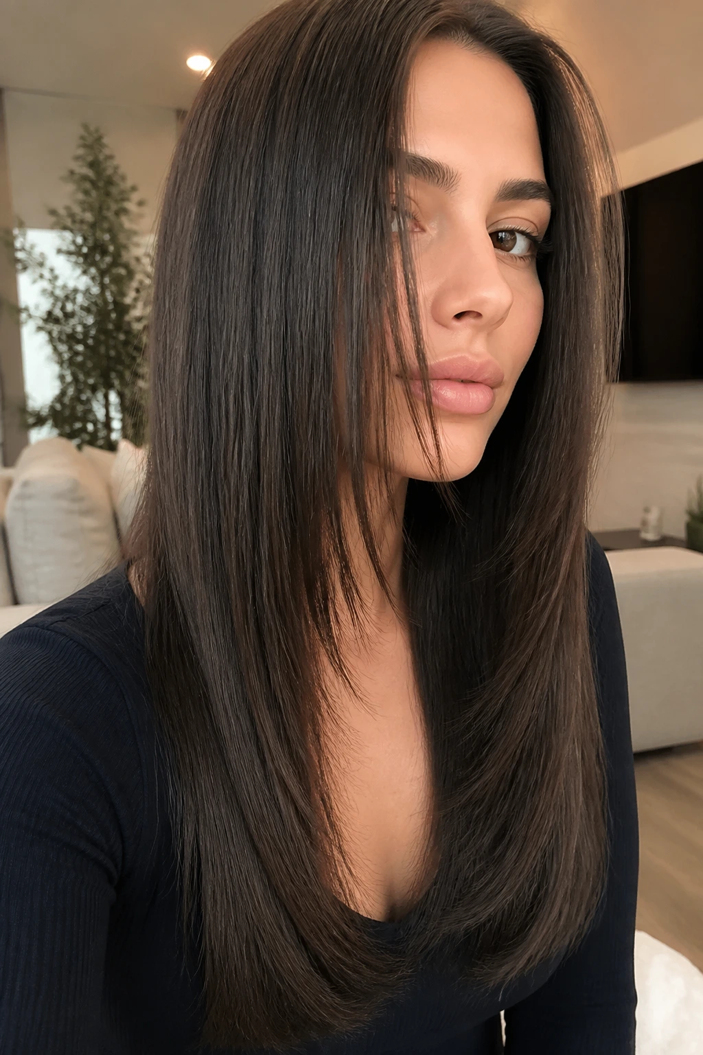 Close-up of invisible layers in straight sleek hair on a real person