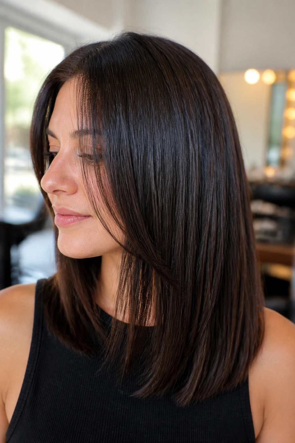 Close-up portrait of a real woman with thick straight hair showing invisible interior layers in a salon setting.