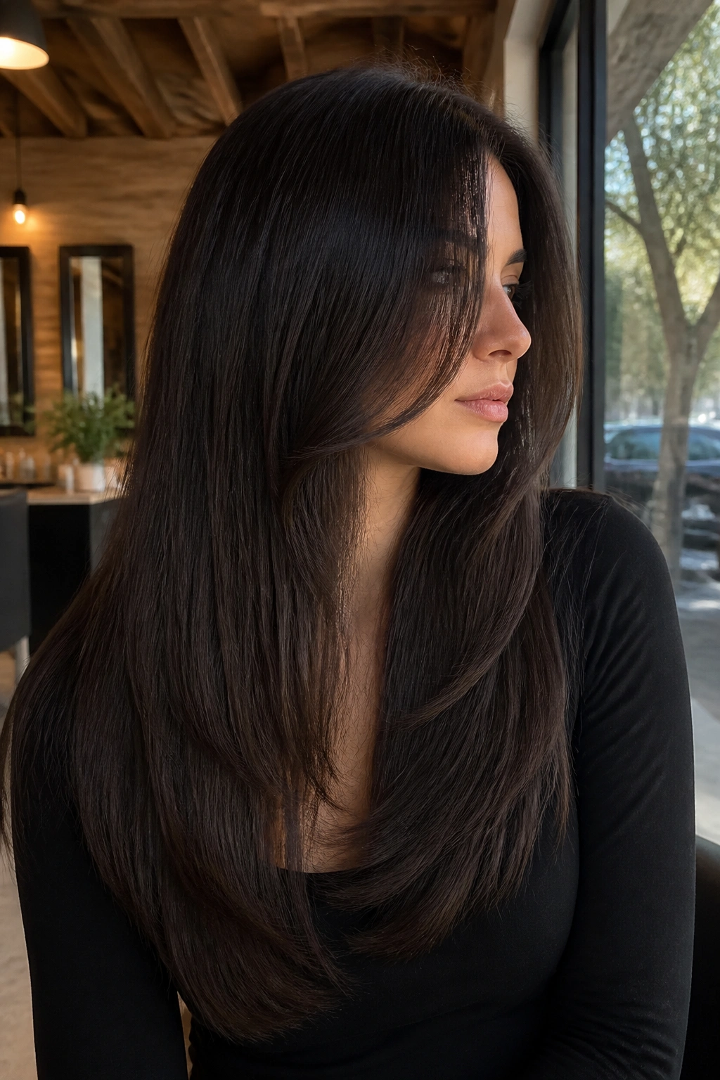 Close-up portrait of a woman with thick straight hair showing internal layers starting below chin