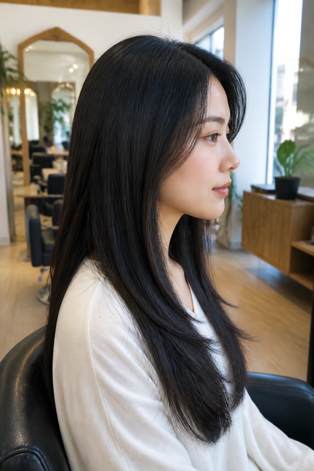 Side profile of woman with invisible layers in thick straight hair