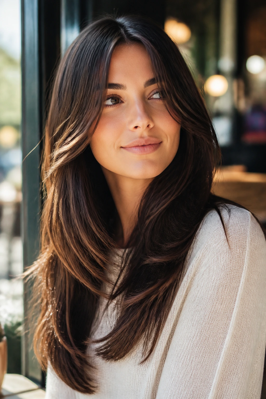 Close-up portrait of a real woman with invisible layers in thick hair