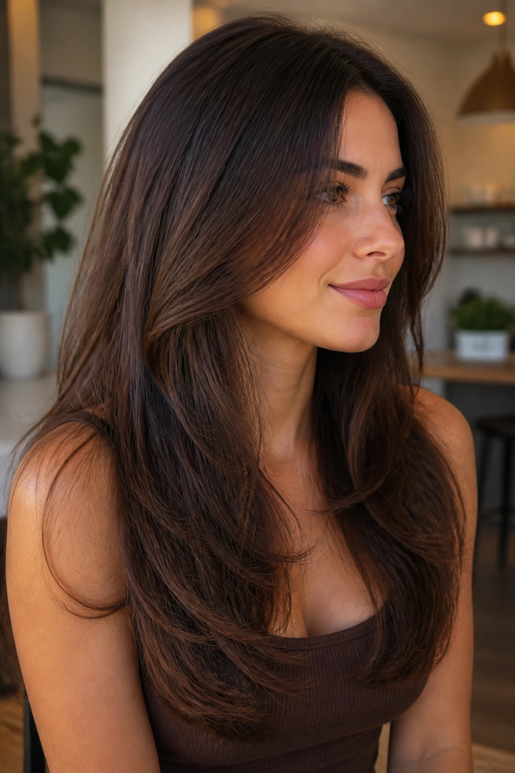 Close-up of a real woman's hair showing invisible layers that reduce bulk while maintaining fullness at the ends.