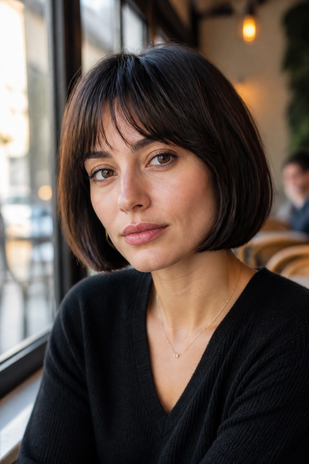 Close-up of Italian bob with soft baby bangs on a real person
