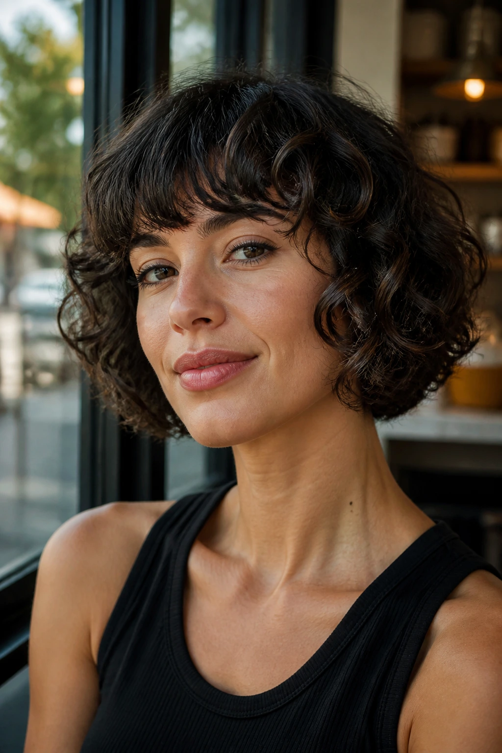 Close-up of a real woman with an Italian bob and bendy fringe