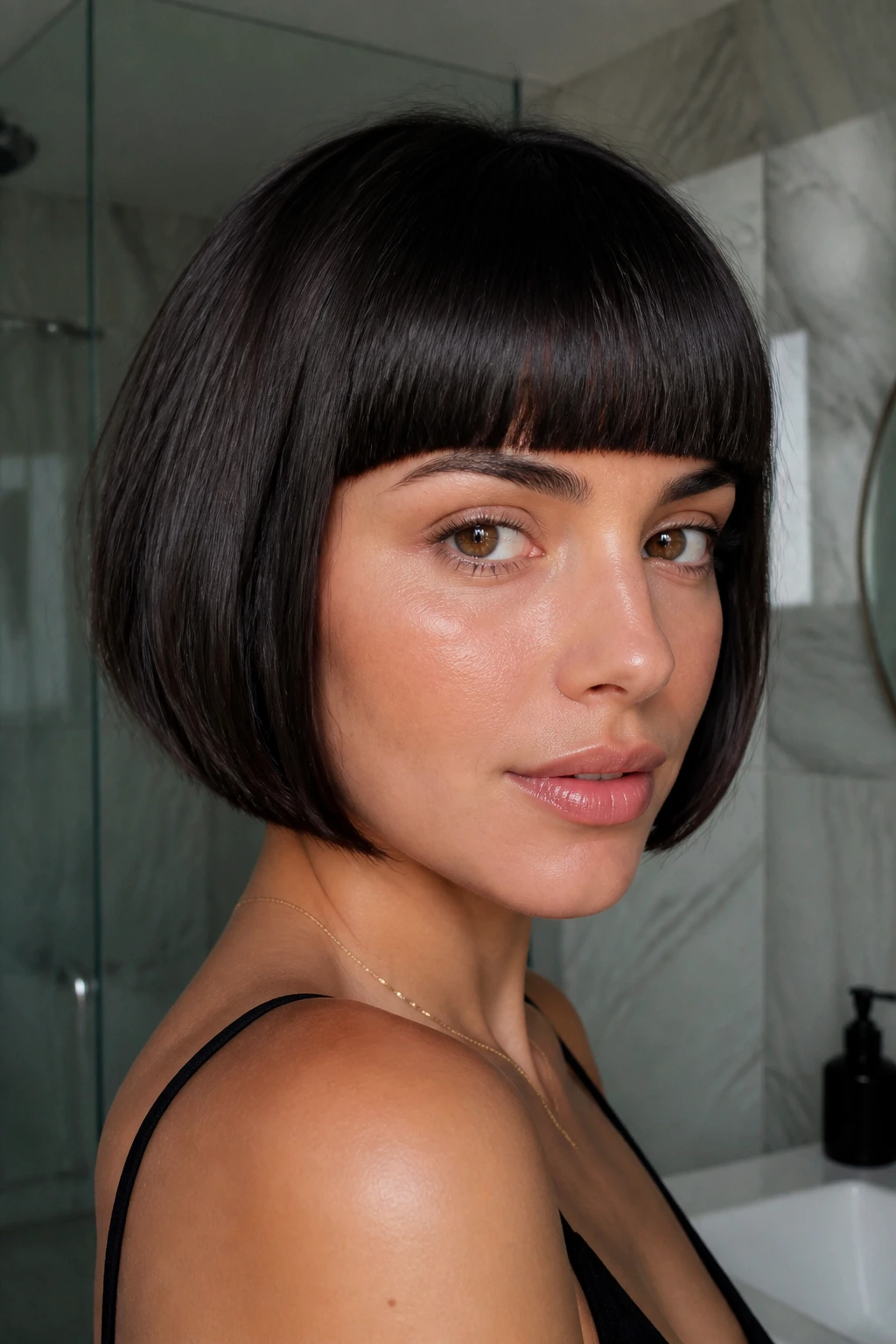 Real woman with blunt-fringe Italian bob in natural daylight
