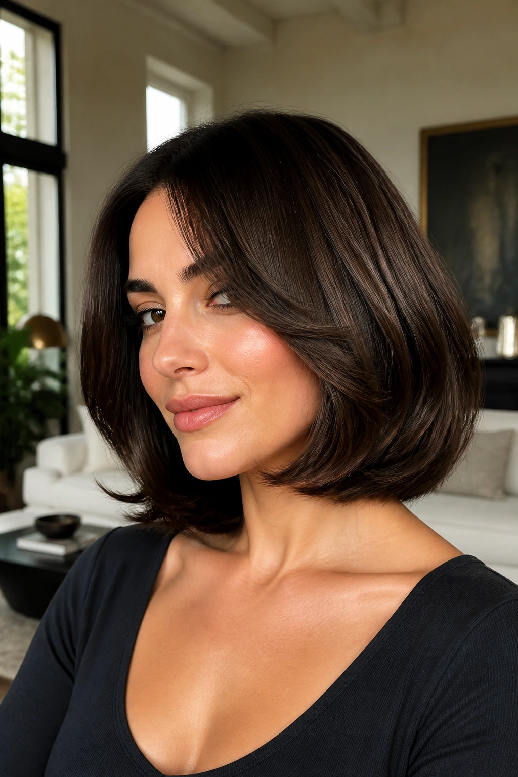 Close-up of a real woman with Italian bob and bouncy ends in a bright room