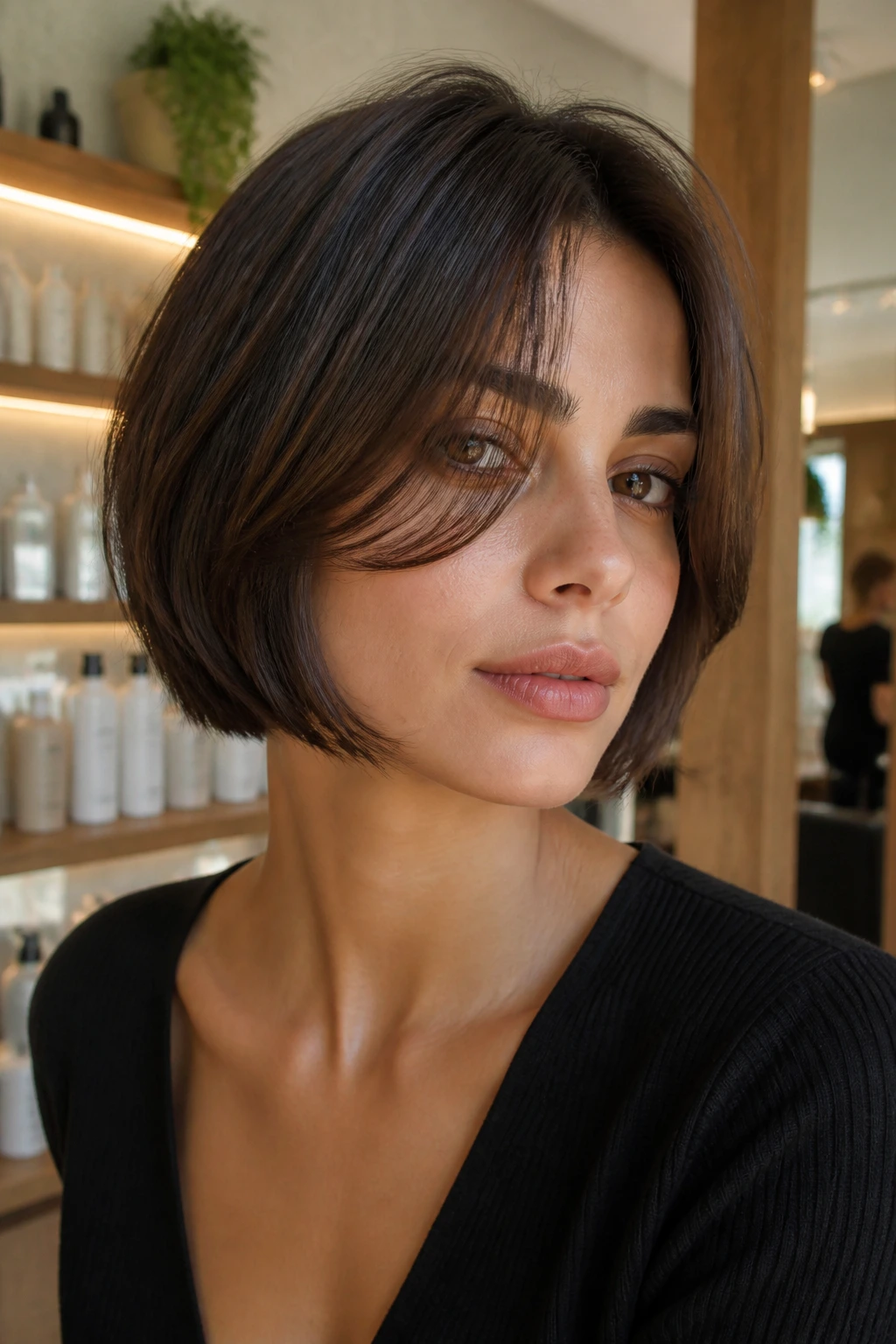 Close-up portrait of a real woman with Italian bob and cheekbone-grazing curtain pieces in warm salon light
