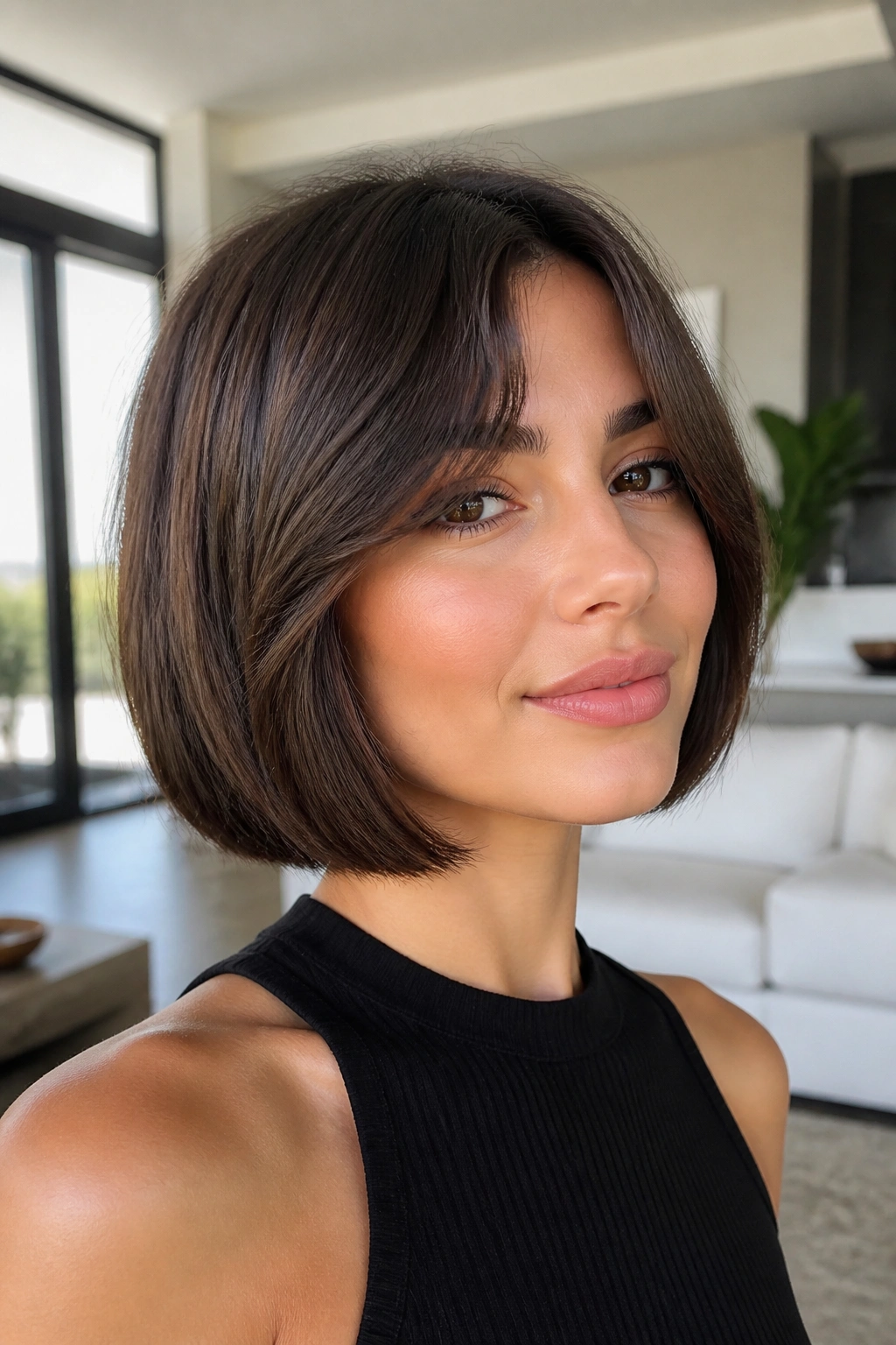 Portrait of a real person with sleek Italian bob and curtain bangs in a bright room