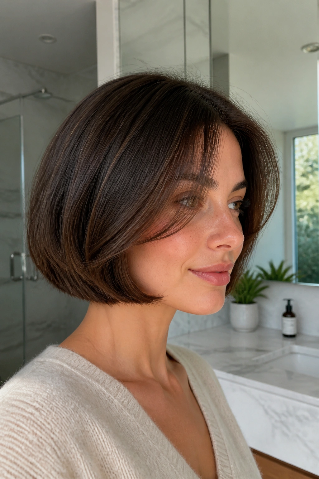 Close-up of a woman with an Italian bob with full ends in bright daylight